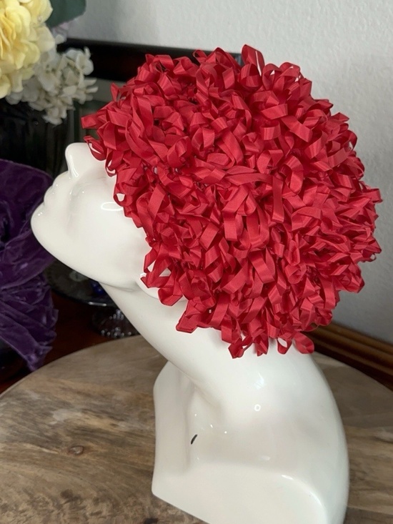 Joseph Magnin Red Ribbon Hat Ruffled Loop Mid Century Couture Cocktail Hat